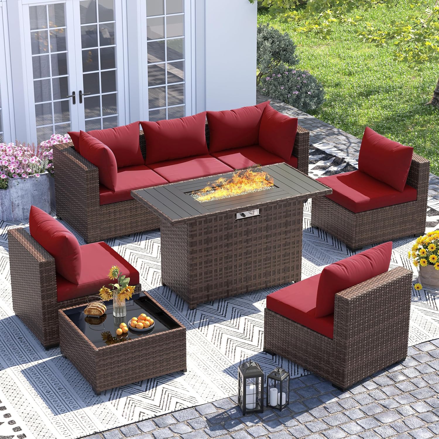 Outdoor Furniture With Fire Pit Table - Conjunto de 8 piezas de sofá