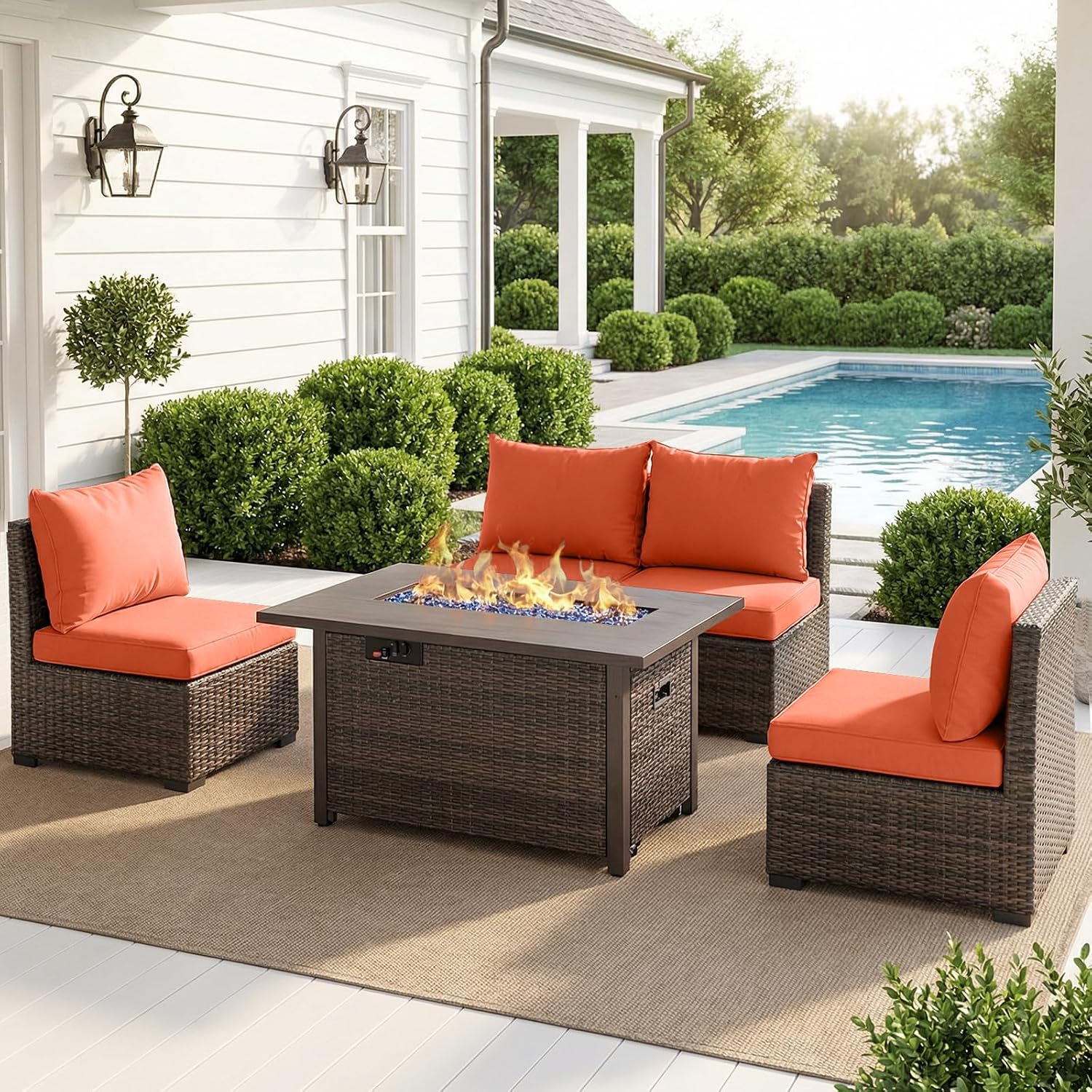 Outdoor Furniture With Fire Pit Table - Conjunto de Muebles de Patio con