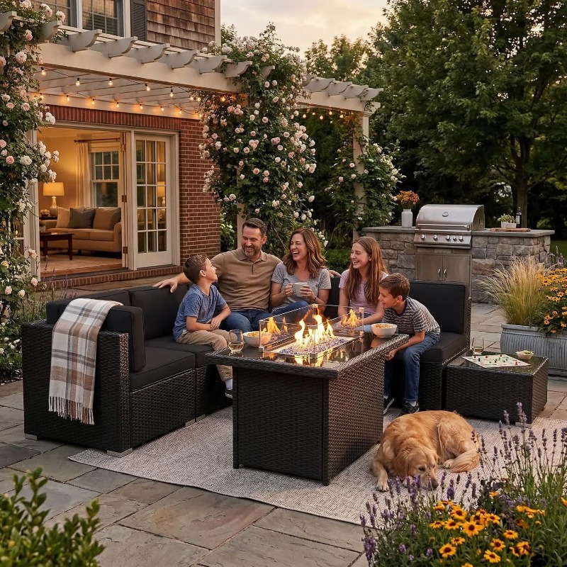 Outdoor Furniture With Fire Pit Table - Juego de Sofás Seccionales de Mimbre
