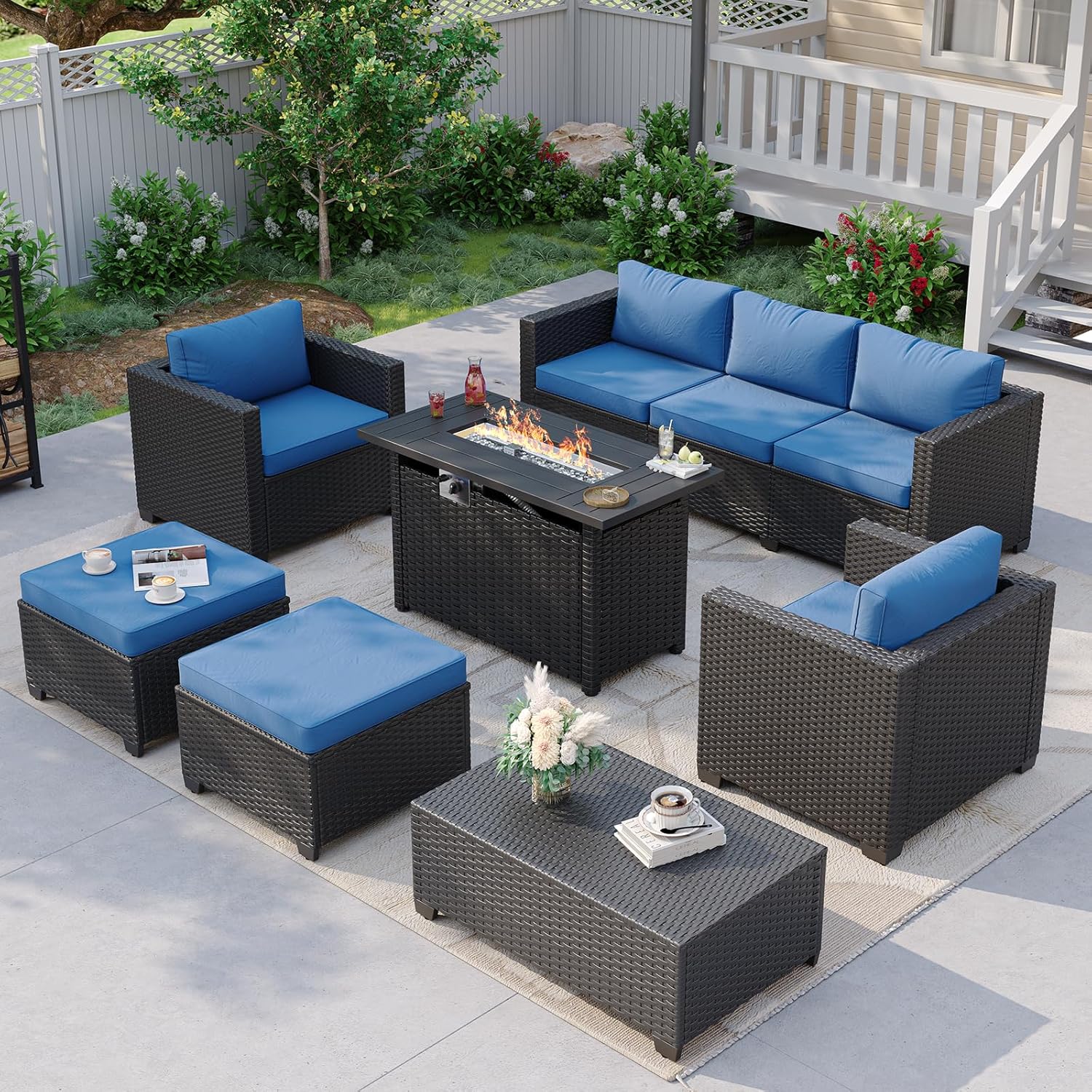 Outdoor Furniture With Fire Pit Table - Sofá Seccional Azul Marino para Exteriores